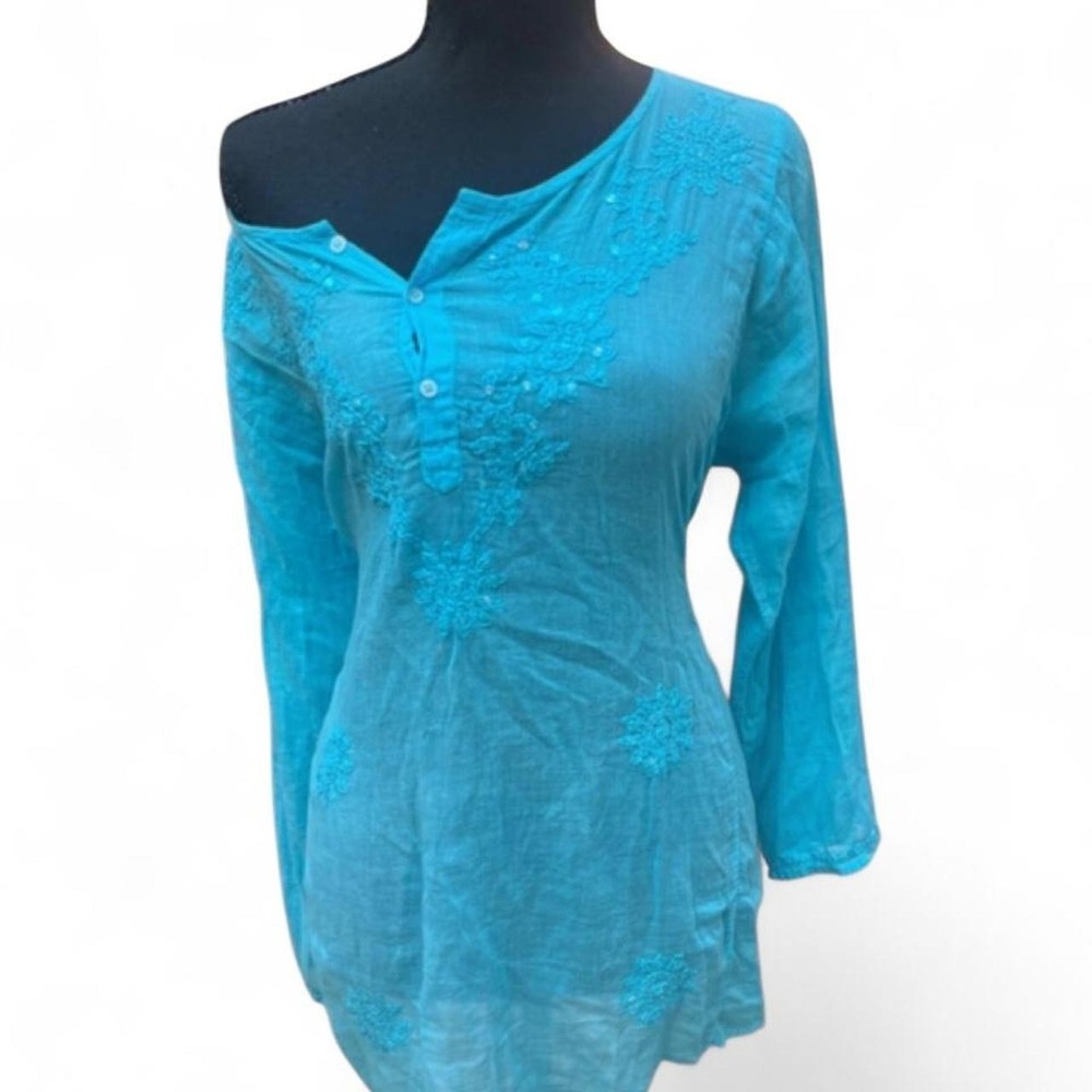 LSI Vintage Turquoise Blue Embroidered Cotton Gauze Tunic Top Henly 1X Boho
